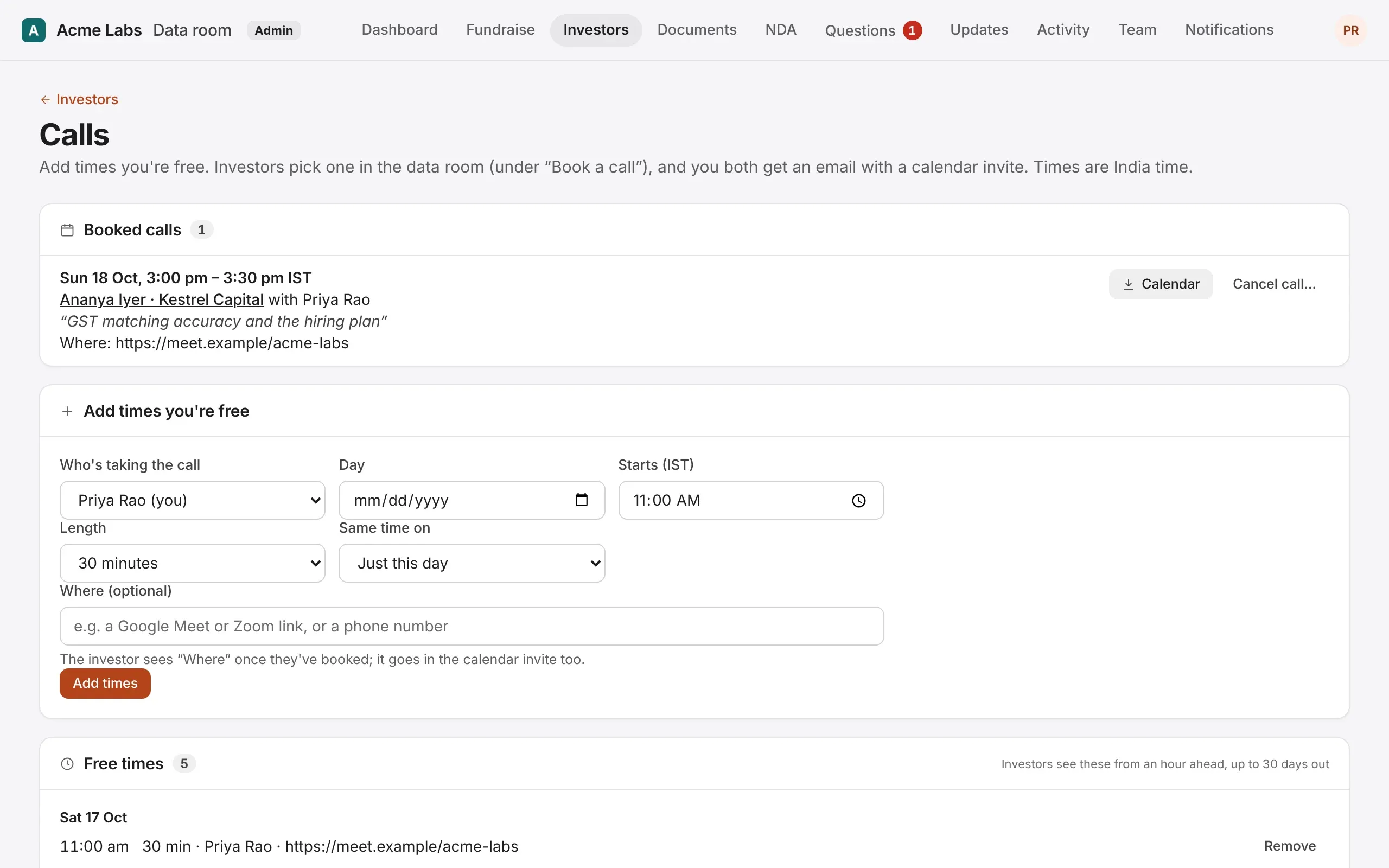The Calls page: a booked call and the form to add times you're free