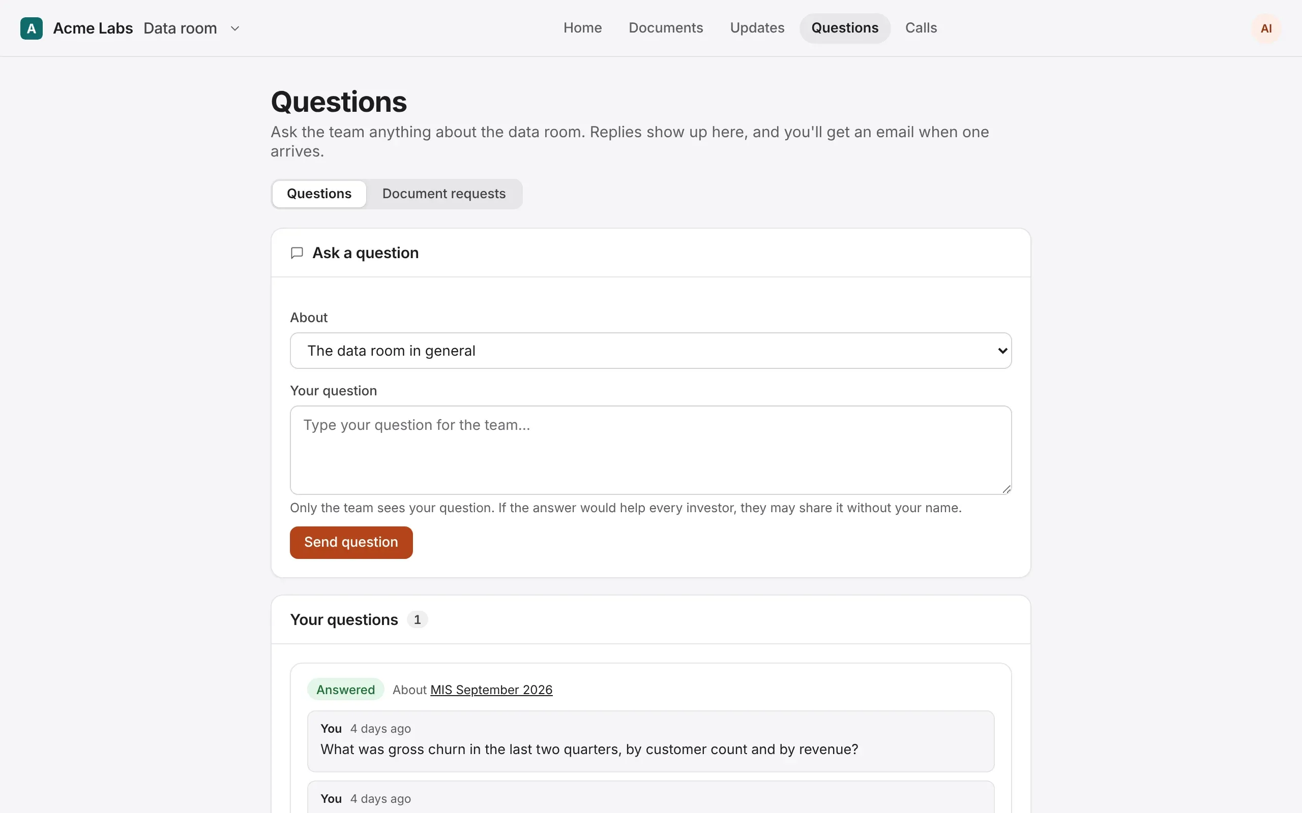 An investor's Questions page: asking the team a question, and their earlier questions
