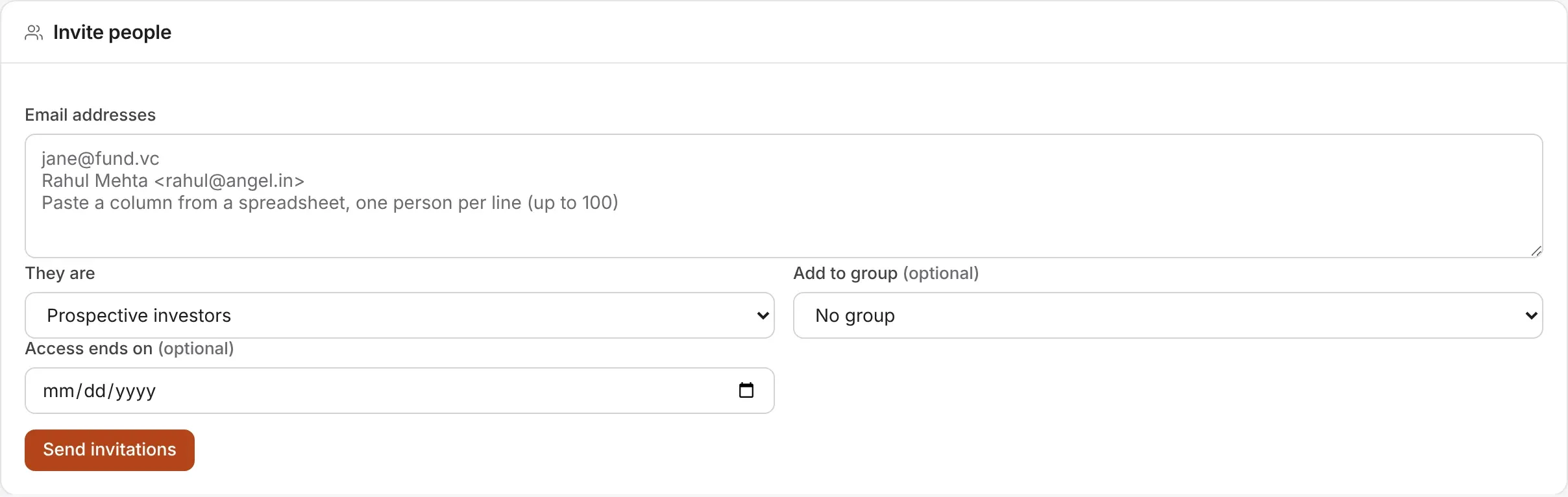 Invite people: email addresses, who they are, a group and the date access ends