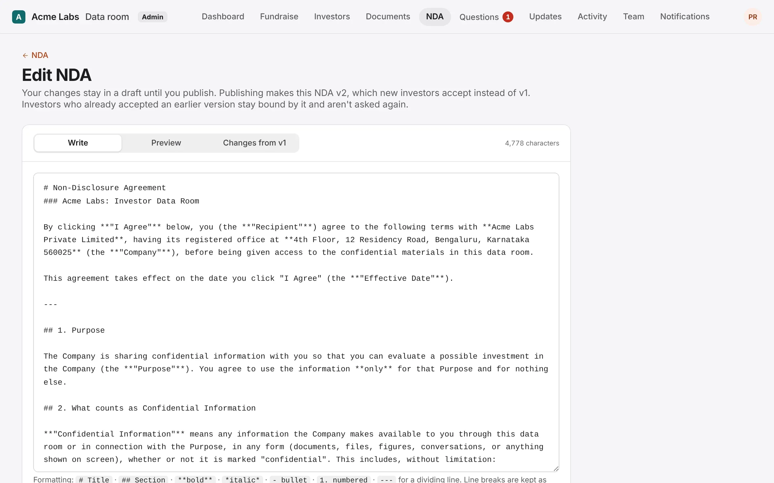 The NDA editor, with Write, Preview and Changes tabs