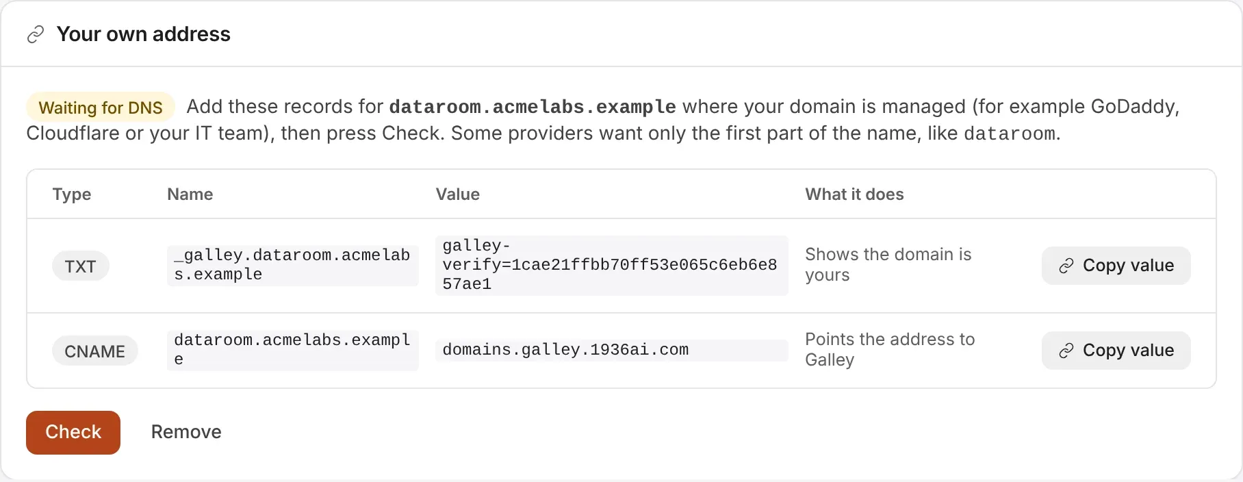 Your own address, waiting for DNS: the TXT and CNAME records to add, with Copy value buttons