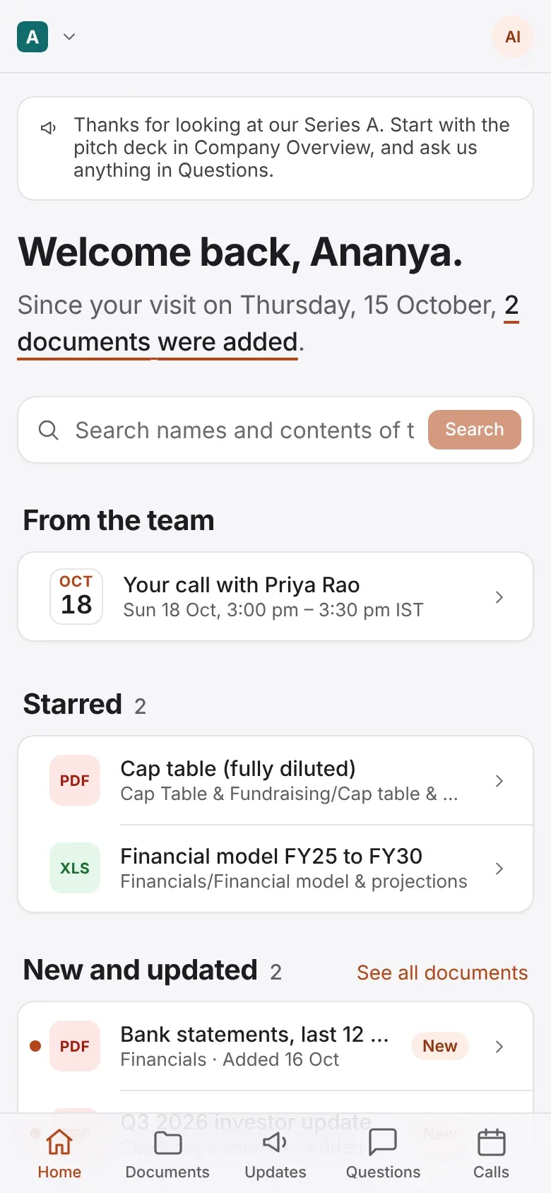 An investor's Home in Galley on a phone, with the company's welcome note