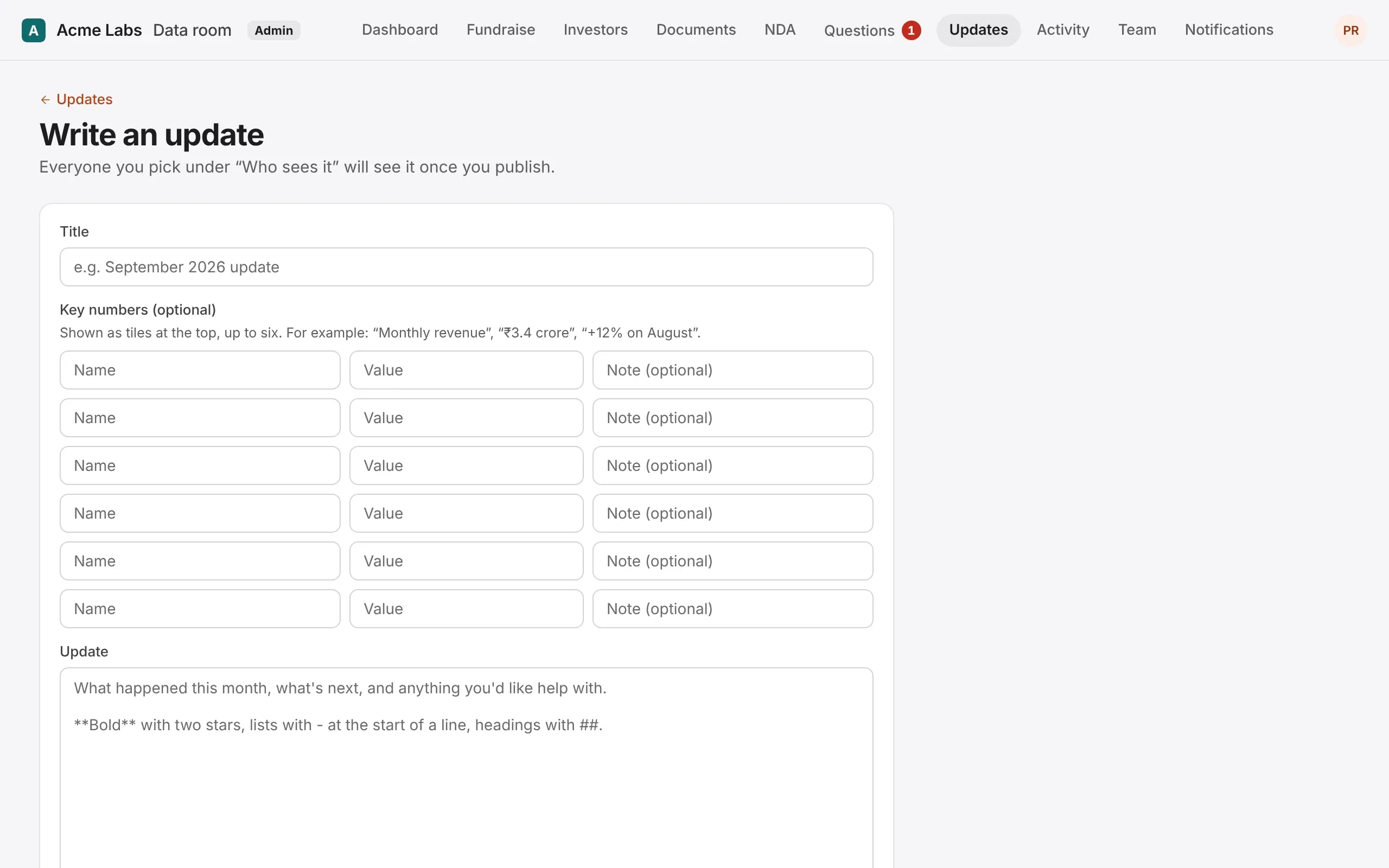Write an update: a title, key numbers and the text